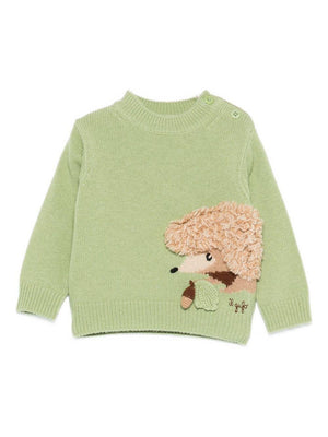Maglione per neonati Il Gufo verde con applicazione riccio sul fianco