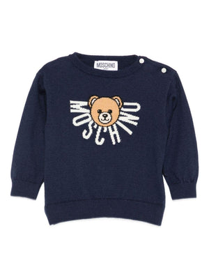Moschino Kids blue baby sweater with Teddy Bear print and logo