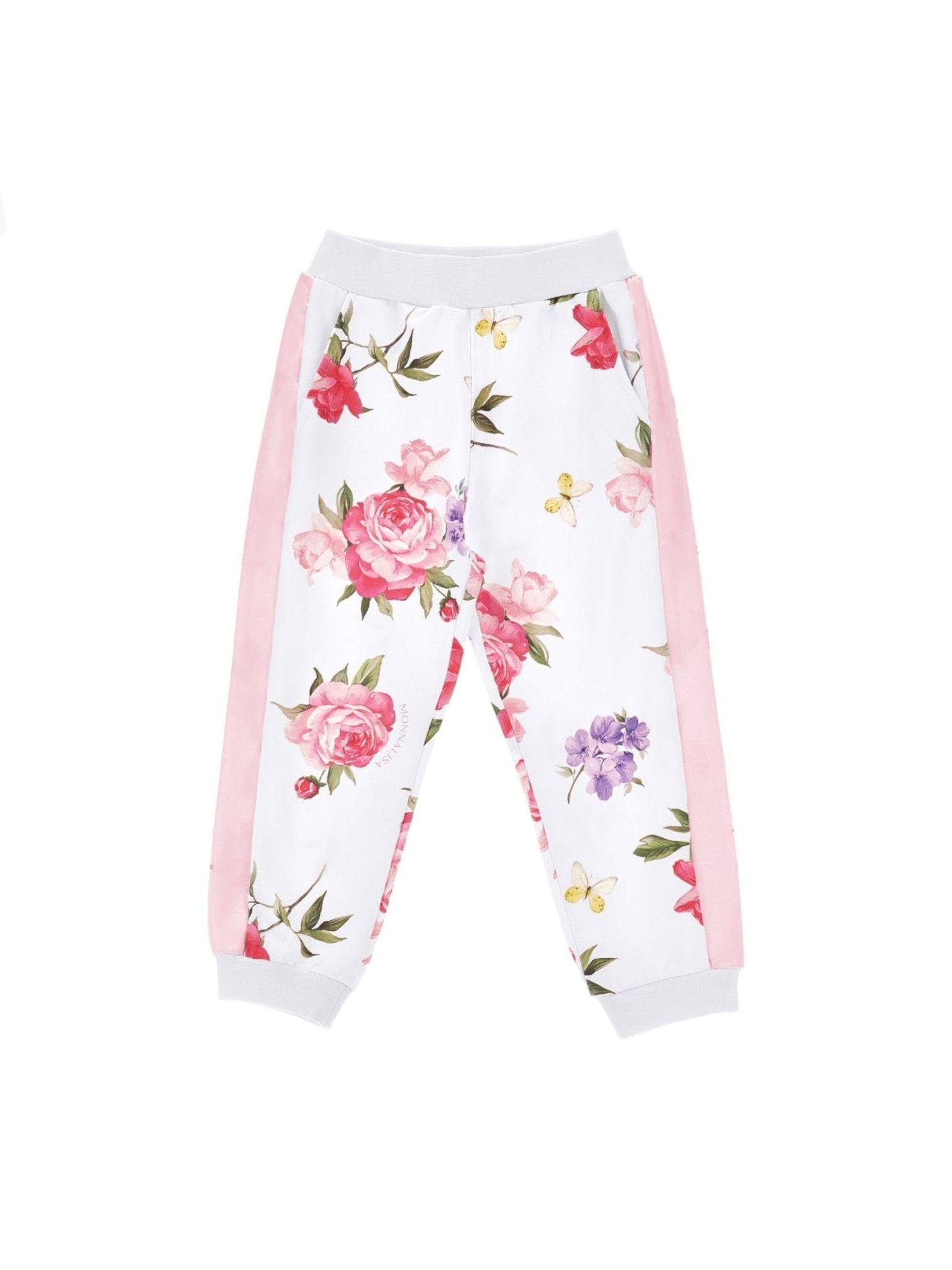 Pantaloni per bambina Monnalisa bianco con stampa a fiori - Rubino Kids