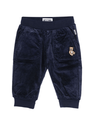 Moschino Kids blue corduroy trousers with teddy bear embroidery for baby boys