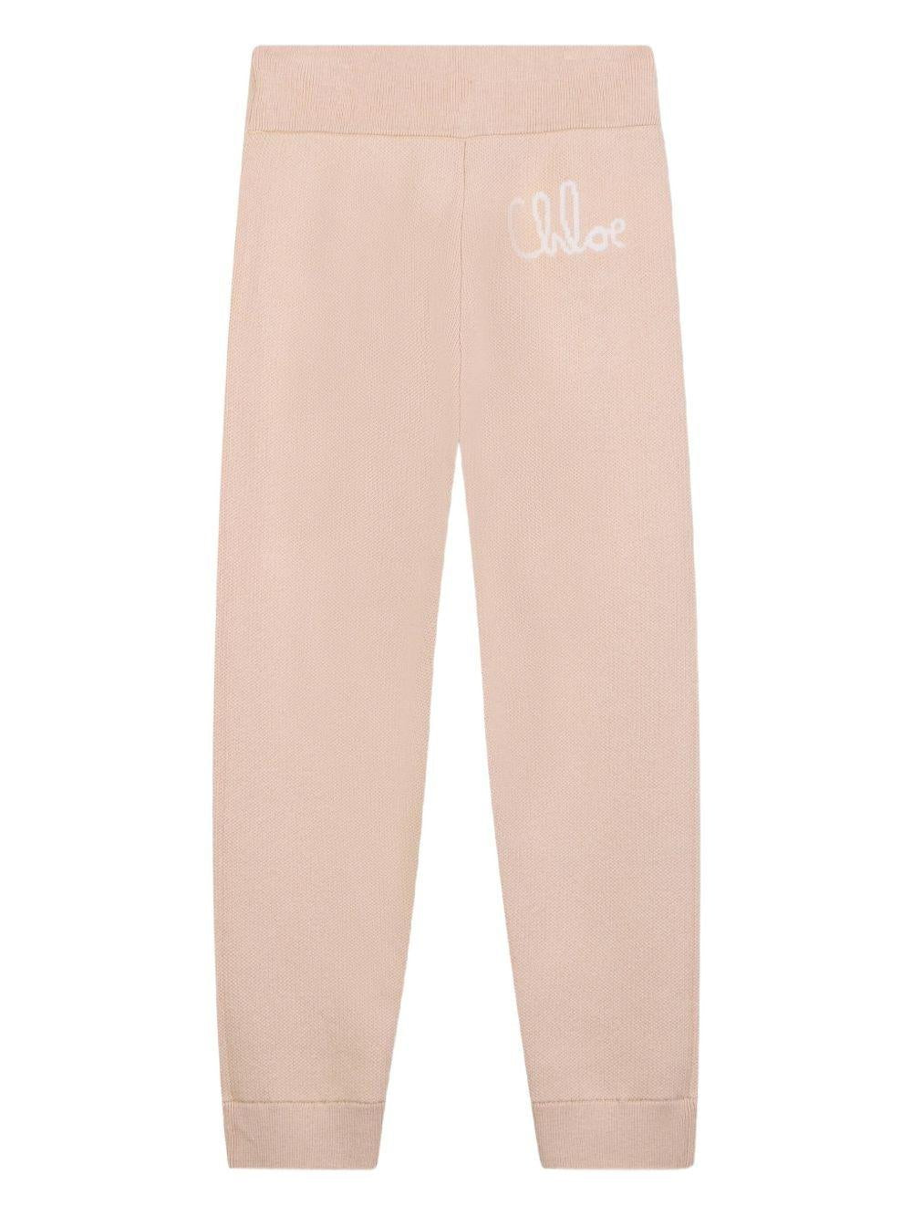 Pantaloni sportivi per bambina Chloé Kids beige con logo ricamato - Rubino Kids
