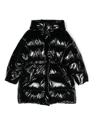 Monnalisa long black down jacket for girls with elasticated hems