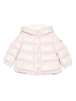 Piumino Tazui per neonata Moncler Enfant rosa con cappuccio