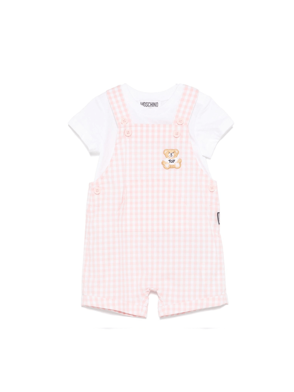 Salopette a quadretti per neonata Moschino Kids rosa con tasca frontale a marsupio - Rubino Kids