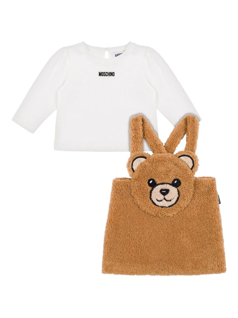 Salopette per neonata Moschino Kids marrone e bianco con applicazione - Rubino Kids