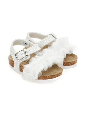 Monnalisa white sandals for girls with ruffle detail