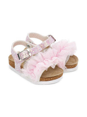 Monnalisa pink sandals for girls with ruffles