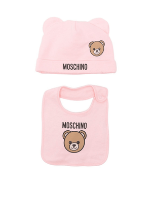 Set berretto e bavaglino per neonata Moschino Kids rosa con motivo Teddy Bear