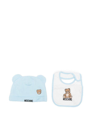 Set berretto e bavaglino per neonato Moschino Kids azzurro con motivo Teddy Bear