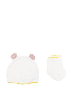 Set berretto e calzini per neonata Gensami Kids bianco con rifiniture gialle