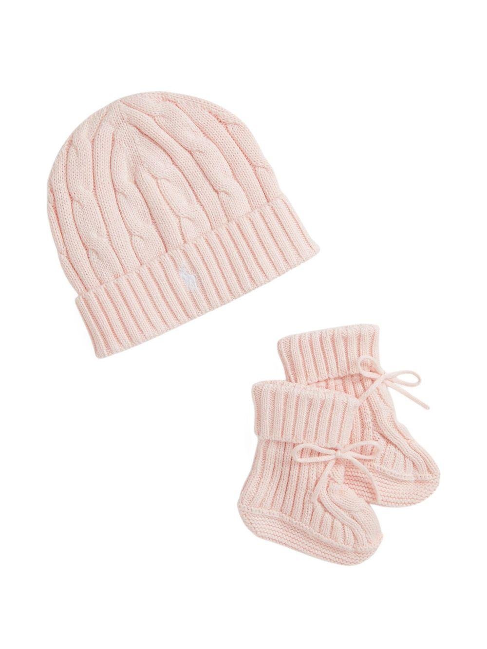 Set berretto e stivali per neonata Polo Ralph Lauren Kids rosa con maglia intrecciata - Rubino Kids