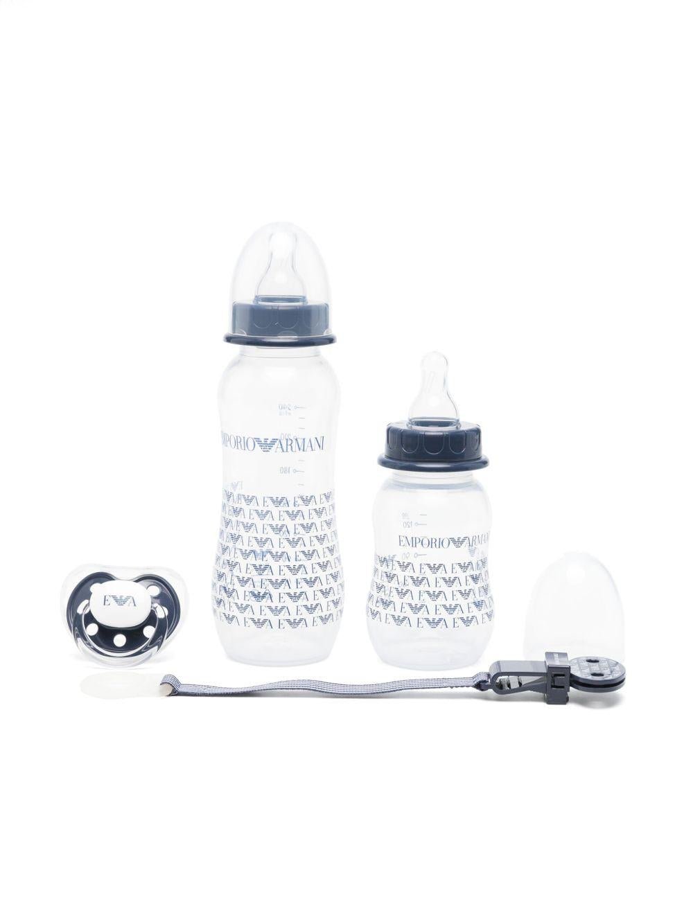 Set biberon e ciuccio per neonati Emporio Armani Kids blu con stampa - Rubino Kids