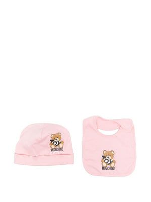 Moschino Kids pink hat and bib set for baby girls with logo and Teddy Bear print