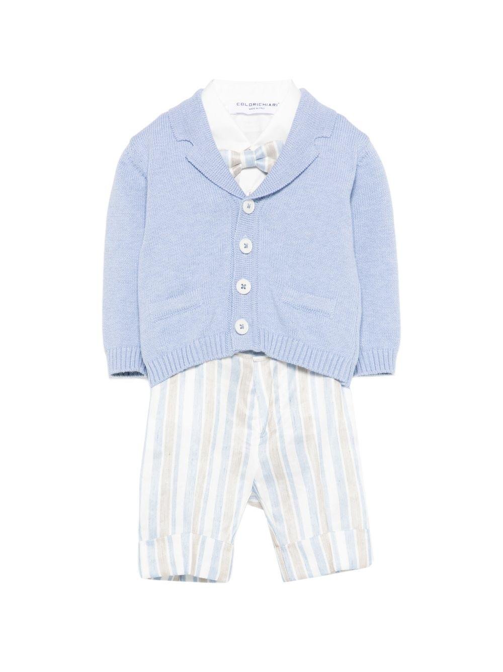 Set cardigan e salopette per neonato Colorichiari azzurro a righe con fiocco (4 pezzi) - Rubino Kids