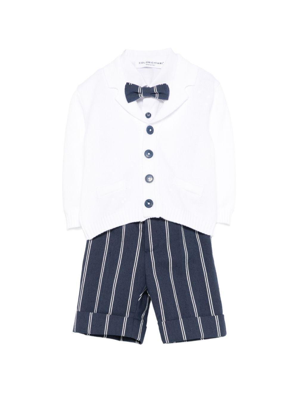 Set cardigan e salopette per neonato Colorichiari blu a righe con fiocco (4 pezzi) - Rubino Kids