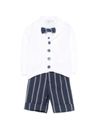 Set cardigan e salopette per neonato Colorichiari blu a righe con fiocco (4 pezzi) - Rubino Kids