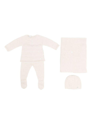 Set completo cappellino e coperta per neonati Paz Rodríguez beige con bordi a coste