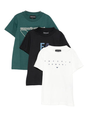 Set of three multicolored Emporio Armani Kids T-shirts with logo print.