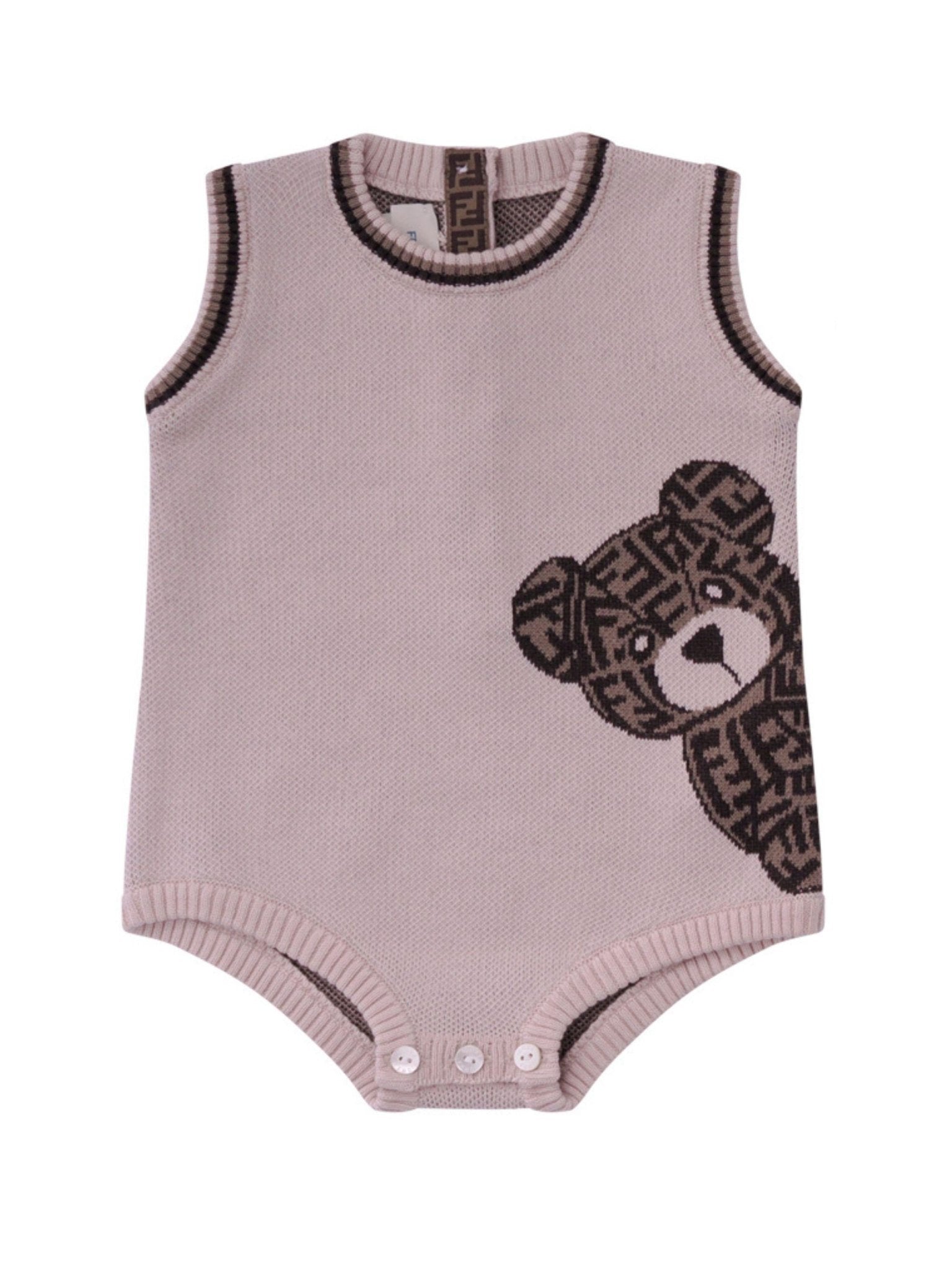 Set due pezzi per neonati Fendi Kids beige con ricamo orsetto sul davanti con logo FF - Rubino Kids