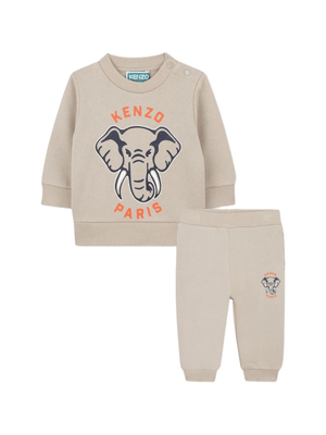 Kenzo Kids beige sweatshirt and tracksuit bottoms set for newborns with graphic elephant design