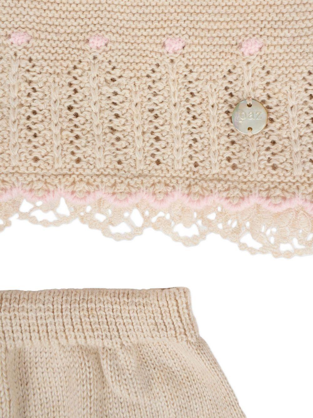 Set maglione e pantaloni per neonata Paz Rodriguez beige con bordo in pizzo - Rubino Kids