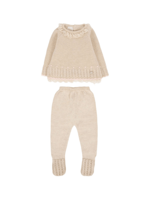 Set maglione e pantaloni per neonata Paz Rodriguez beige con bordo in pizzo