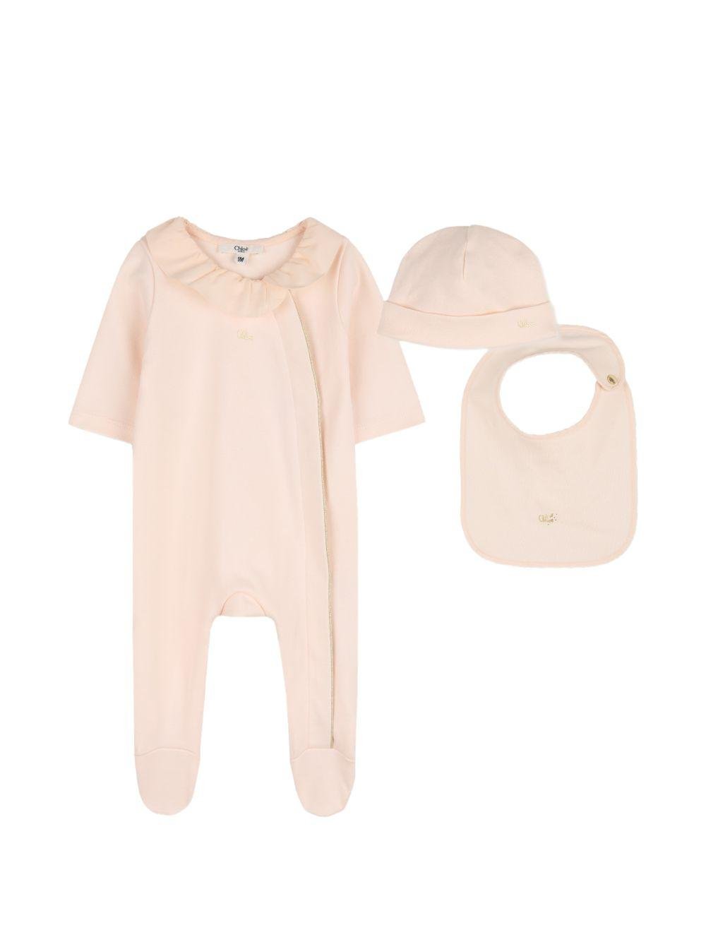 Set tutina, bavaglino e cappellino per neonata Chloé Kids rosa con volant - Rubino Kids