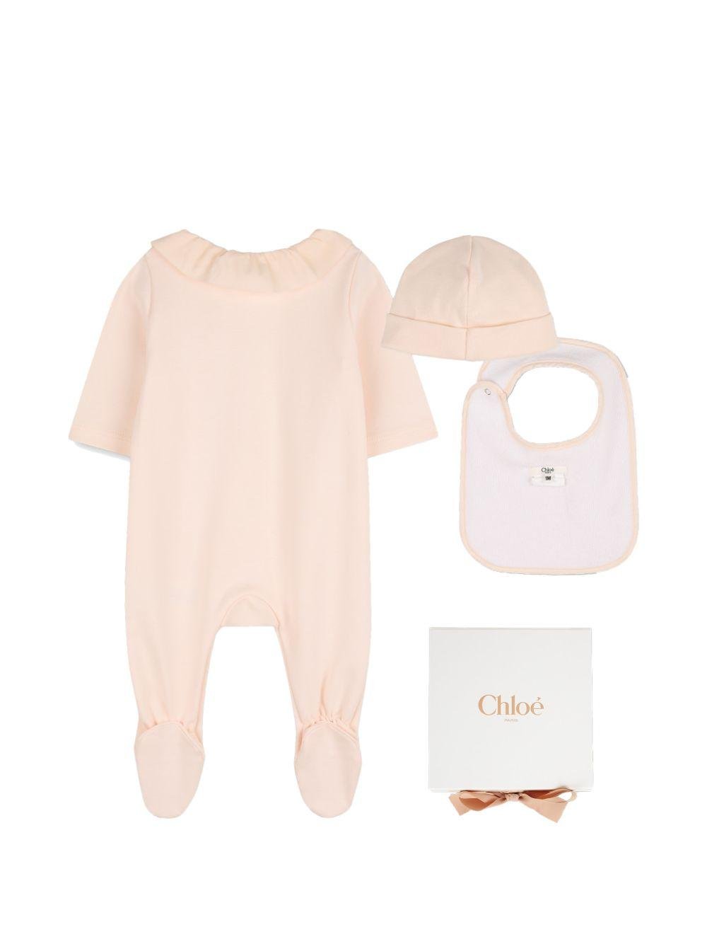 Set tutina, bavaglino e cappellino per neonata Chloé Kids rosa con volant - Rubino Kids