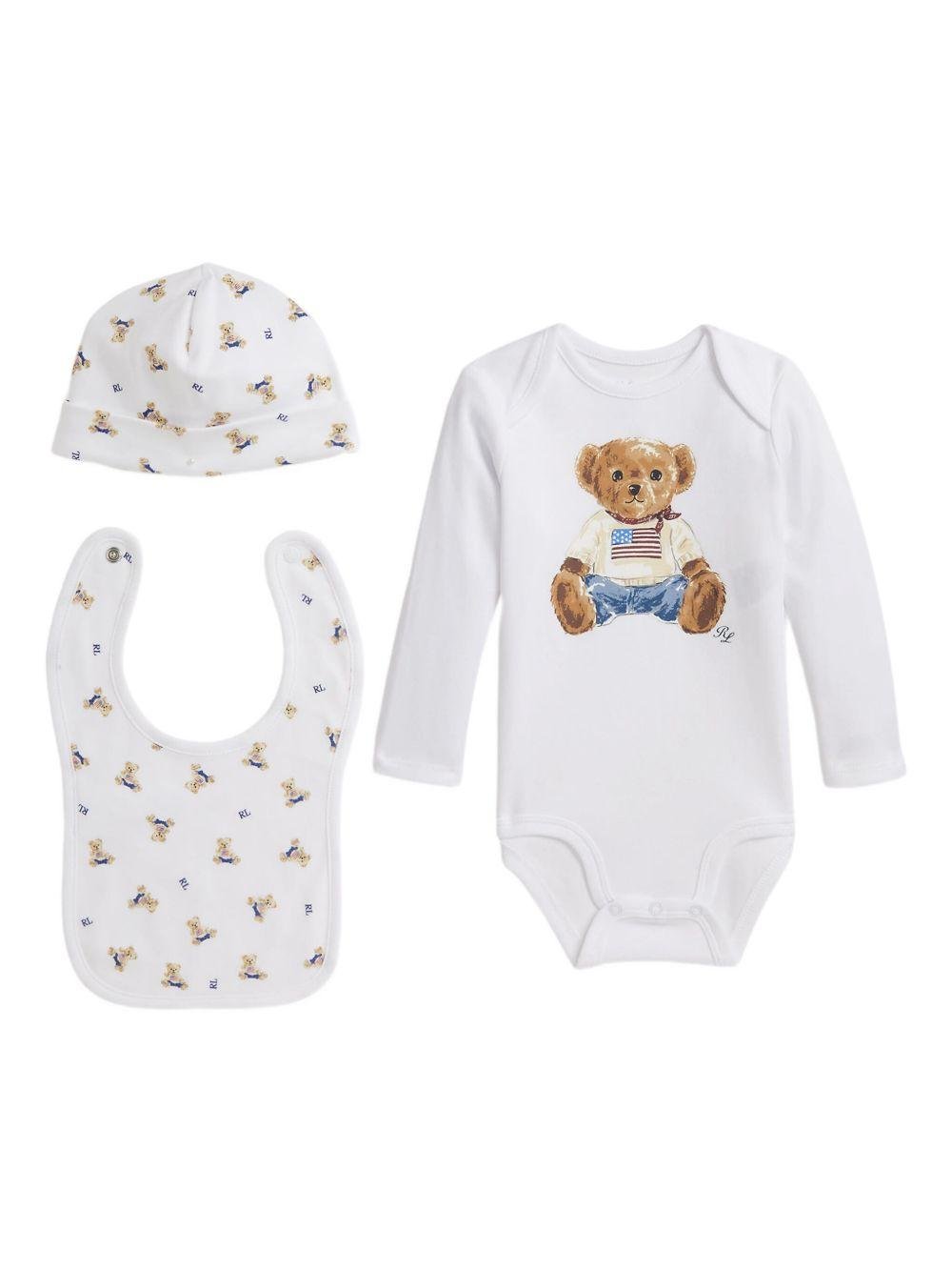 Set tutina bavaglino e cappellino per neonato Polo Ralph Lauren Kids bianco con stampa Teddy Bear - Rubino Kids