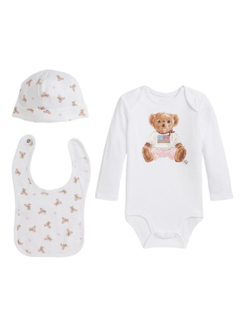 Set tutina cappellino e bavaglino per neonato Polo Ralph Lauren Kids bianco con motivo Polo Bear - Rubino Kids