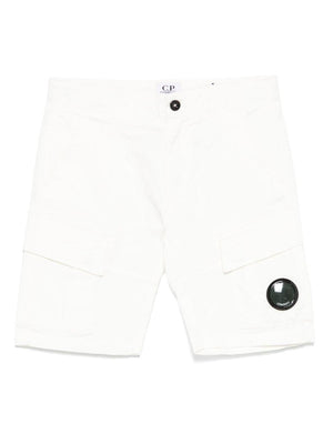 CP Company Kids white Lens appliqué shorts for boys with hidden zip