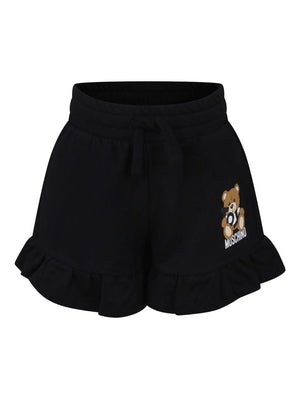 Moschino Kids black Teddy Bear shorts for girls with logo on the leg