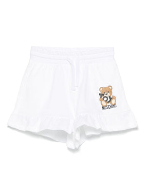 Moschino Kids white Leo Teddy print shorts for girls with two side pockets