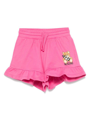Moschino Kids fuchsia Leo Teddy print shorts for girls with two side pockets