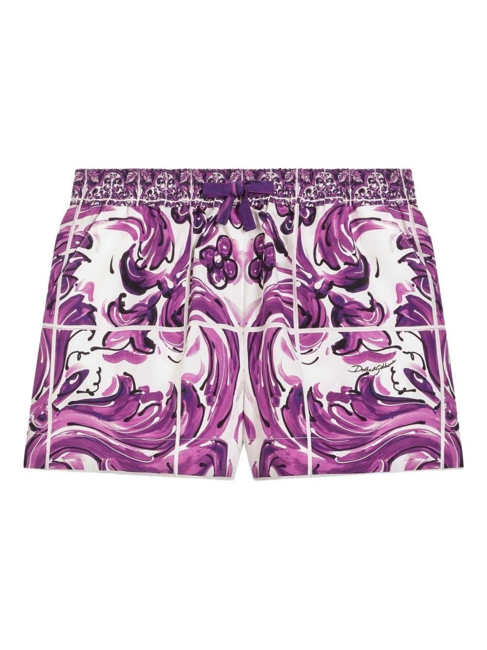 Shorts per bambina Dolce & Gabbana Kids viola con stampa maioliche - Rubino Kids