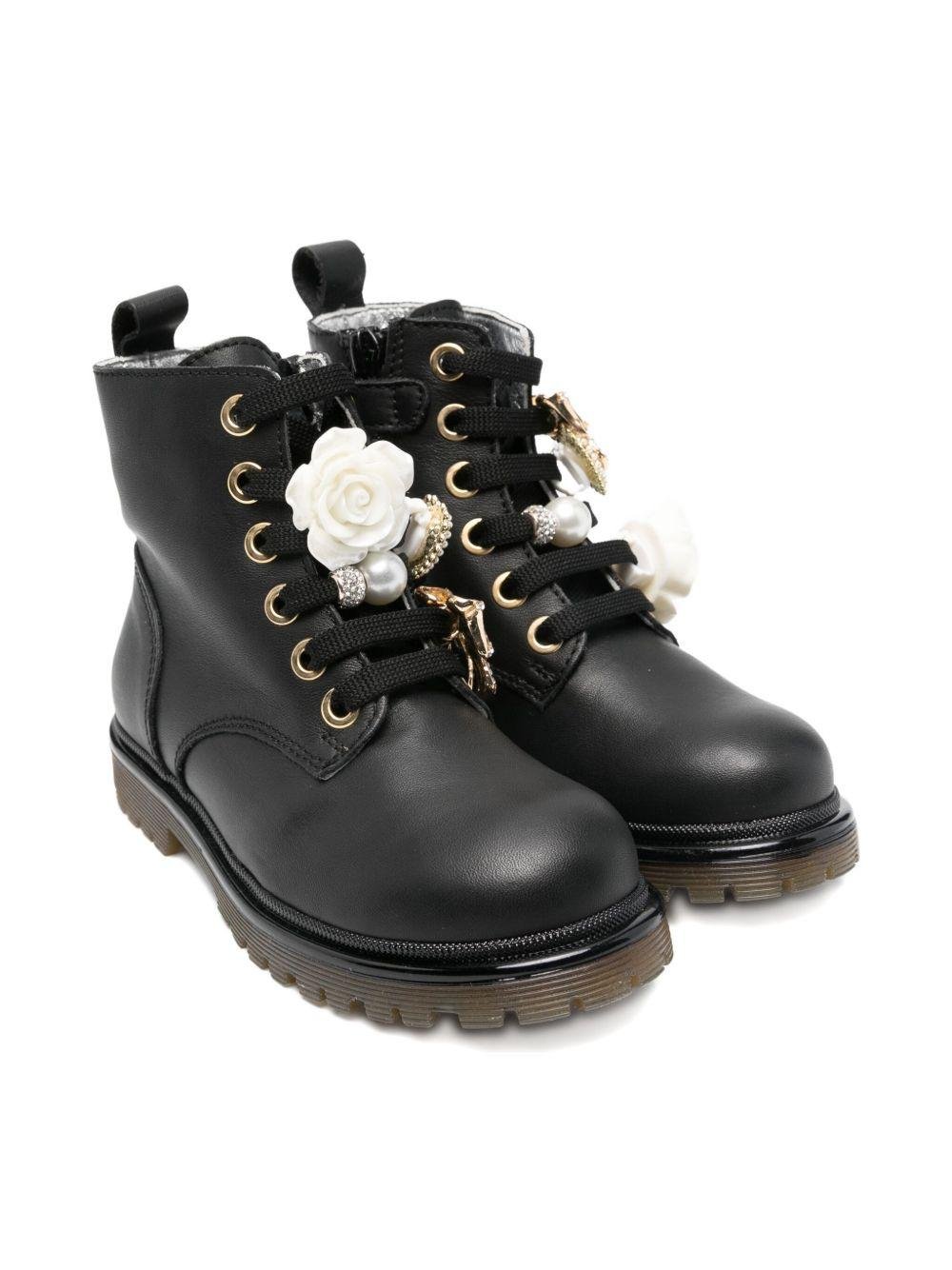 Stivali Amphibian per bambina Monnalisa neri con decorazione floreale - Rubino Kids