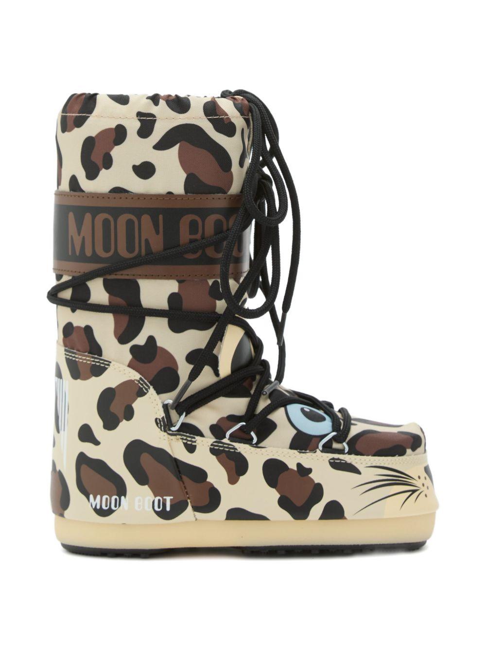 Stivali da neve per bambini Moon Boot Kids beige con lacci leopardato - Rubino Kids
