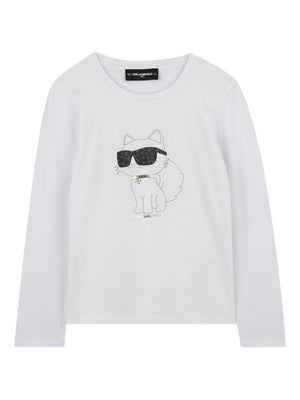 Karl Lagerfeld Kids White Choupette Print Long-Sleeved T-Shirt for Girls