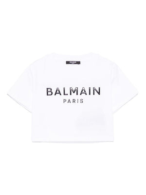 Balmain Kids white straight hem T-shirt with applique for girls
