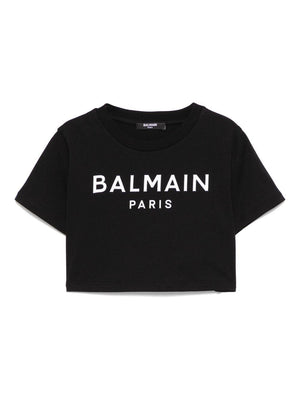 Balmain Kids black straight hem T-shirt with applique for girls