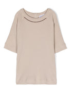 T-shirt con dettaglio Monili per bambina Brunello Cucinelli Kids beige con girocollo a costine - Rubino Kids