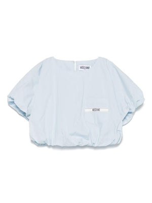 Moschino Kids light blue logo T-shirt for girls with crop design
