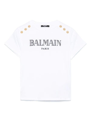 T-shirt con logo ricamato per bambina Balmain Kids bianco con orlo dritto