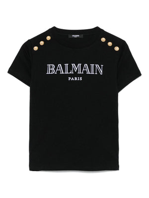 T-shirt con logo ricamato per bambina Balmain Kids nero con orlo dritto