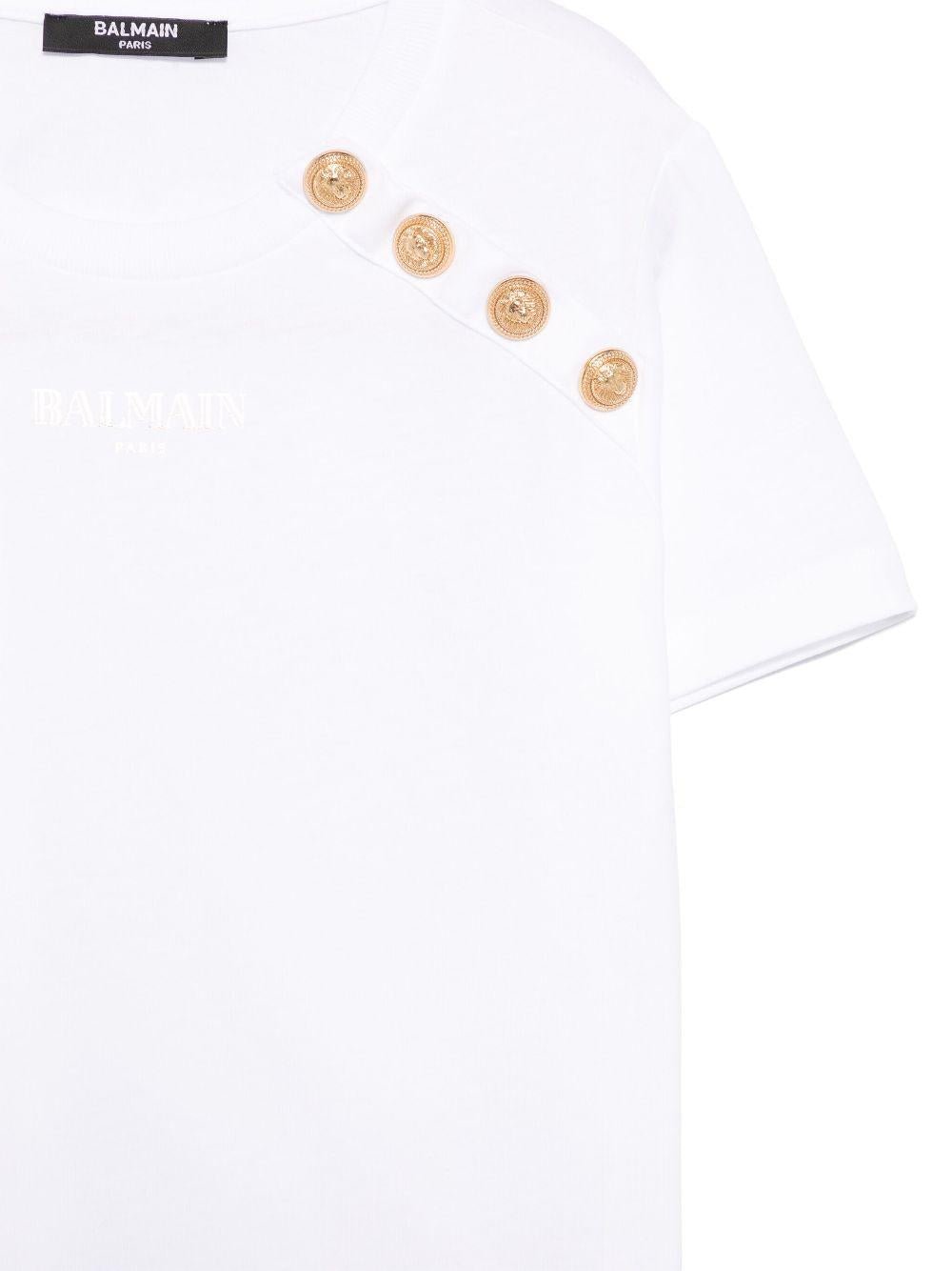 T-shirt con stampa logo per bambina Balmain Kids bianco con bottoni goffrati color oro - Rubino Kids