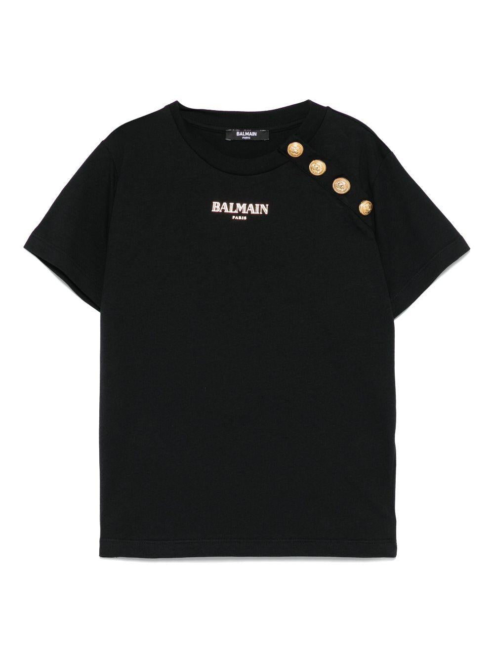 T-shirt con stampa logo per bambina Balmain Kids nero con bottoni goffrati color oro - Rubino Kids