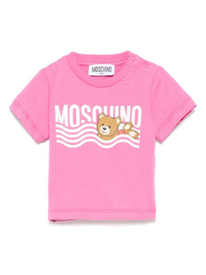 T-shirt con stampa logo per neonata Moschino Kids rosa con scollo rotondo