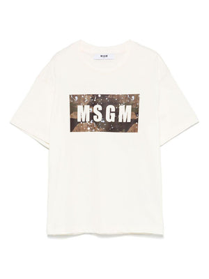 MSGM Kids beige printed T-shirt with straight hem for boys