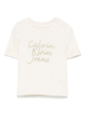 T-shirt con stampa per neonato Calvin Klein Kids beige con girocollo