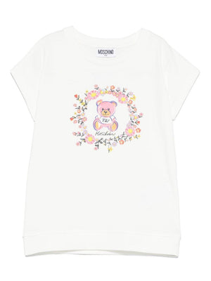 Moschino Kids white crew neck teddy bear print T-shirt for girls